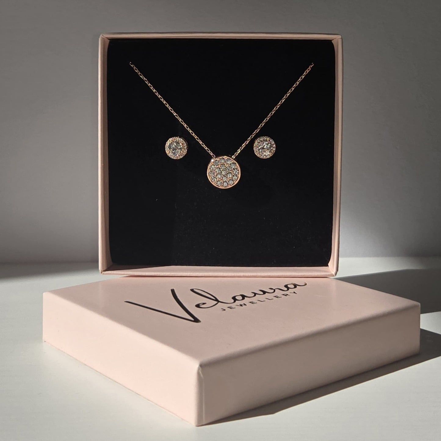 Rose Gold Round Pendant & Sophia Earrings Set – Crystal Elegance