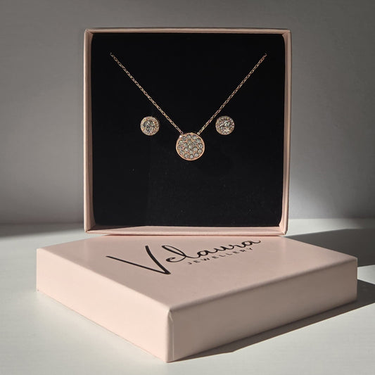 Rose Gold Round Pendant & Sophia Earrings Set – Crystal Elegance