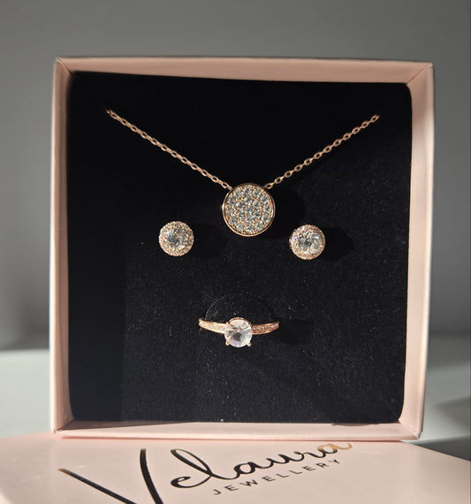 Rose Gold Crystal Jewelry Set – Pendant, Earrings & Ring