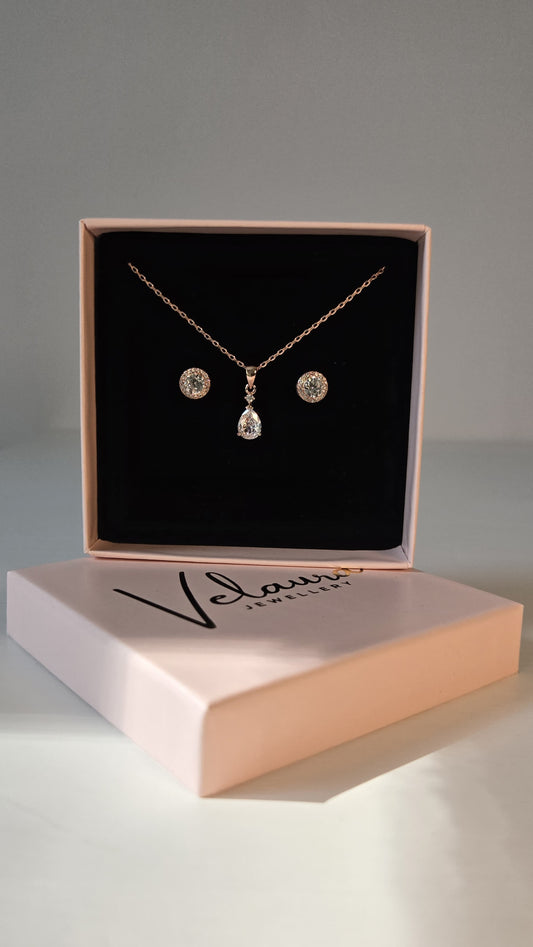 Sophia Earrings & Princess Pendant Set – Rose Gold and Crystal