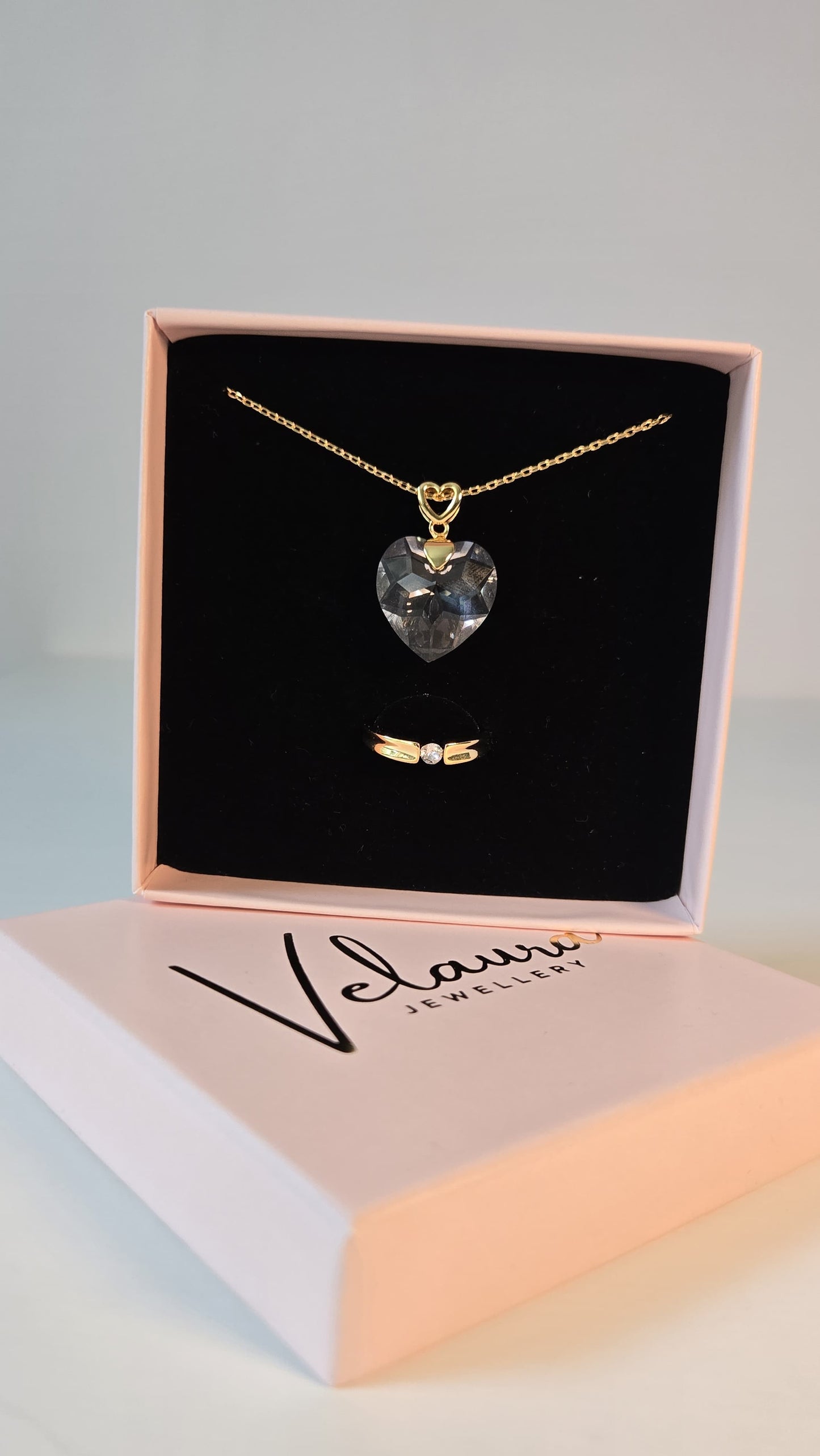 Cherry Heart Pendant & Simplicity Ring Set – Gold and Crystal